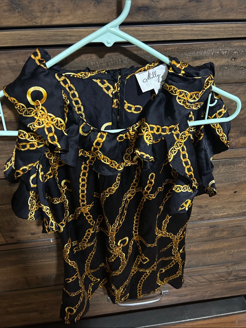 An Original Milly of NY Black Silk Sleeveless Top with Gold Chain Print. Vintage